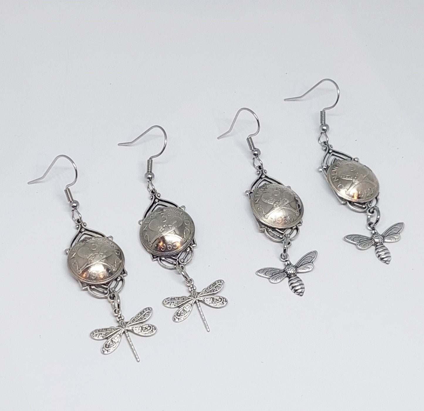 BESTSELLER! NEW!! Re-minted Art Deco Window Earrings with Bees or Dragonflies - Silver