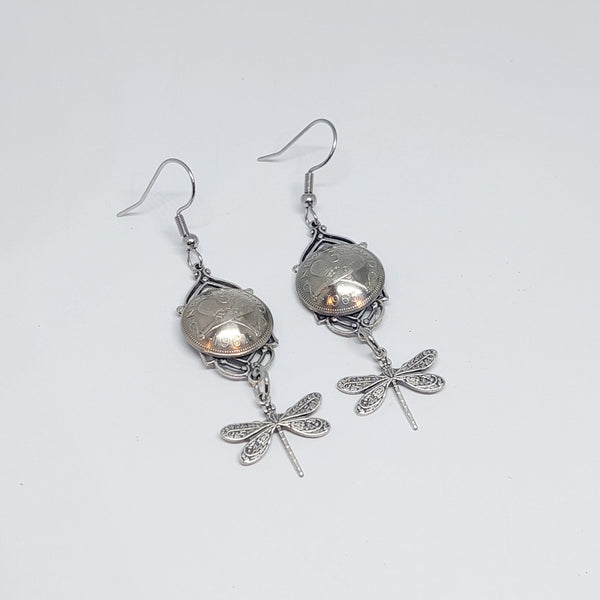 BESTSELLER! NEW!! Re-minted Art Deco Window Earrings with Bees or Dragonflies - Silver
