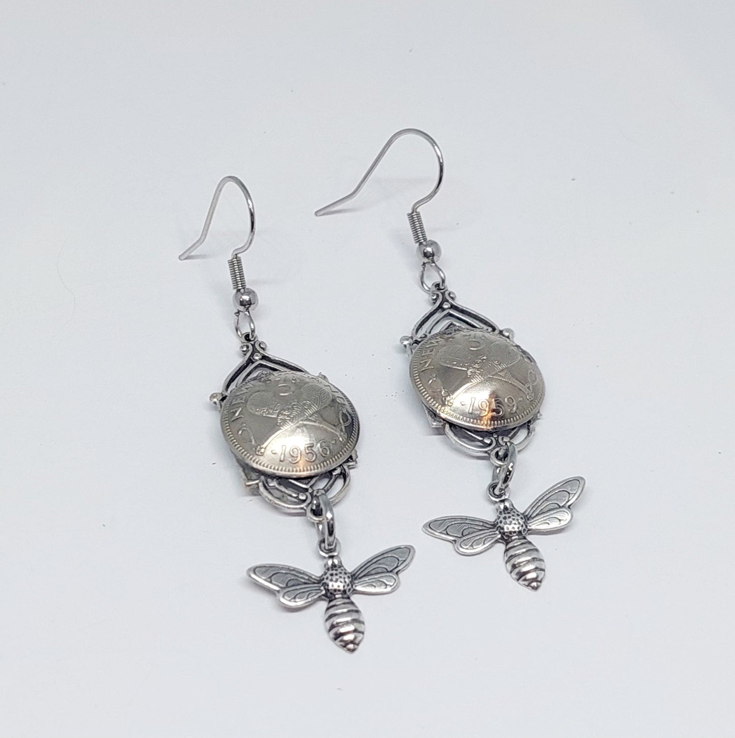 BESTSELLER! NEW!! Re-minted Art Deco Window Earrings with Bees or Dragonflies - Silver