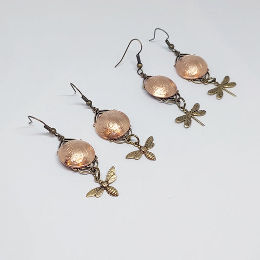 BESTSELLER! NEW!! Re-minted Art Deco Window Earrings with Bees or Dragonflies - Brass