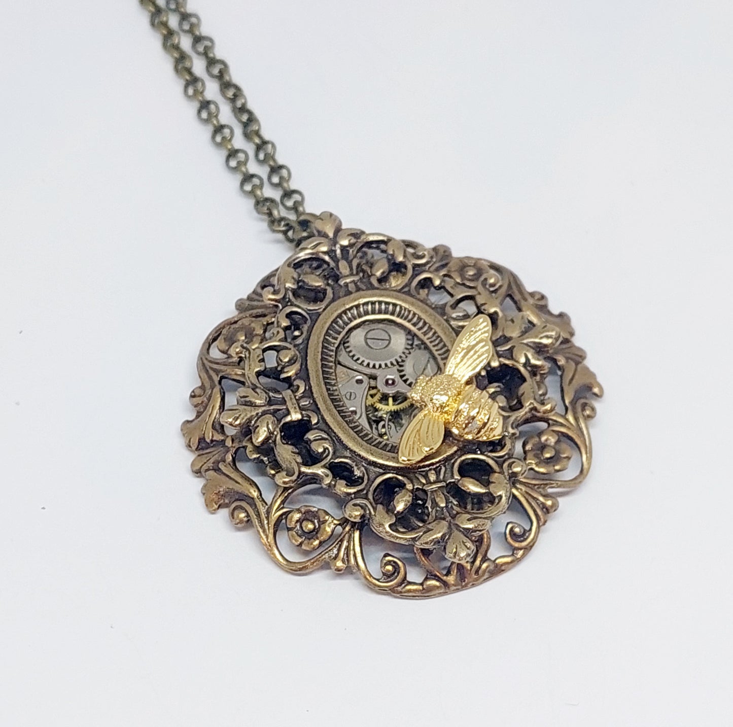 NEW!! Timepiece Ornate Stacked Filigree Pendant with Bee - Brass