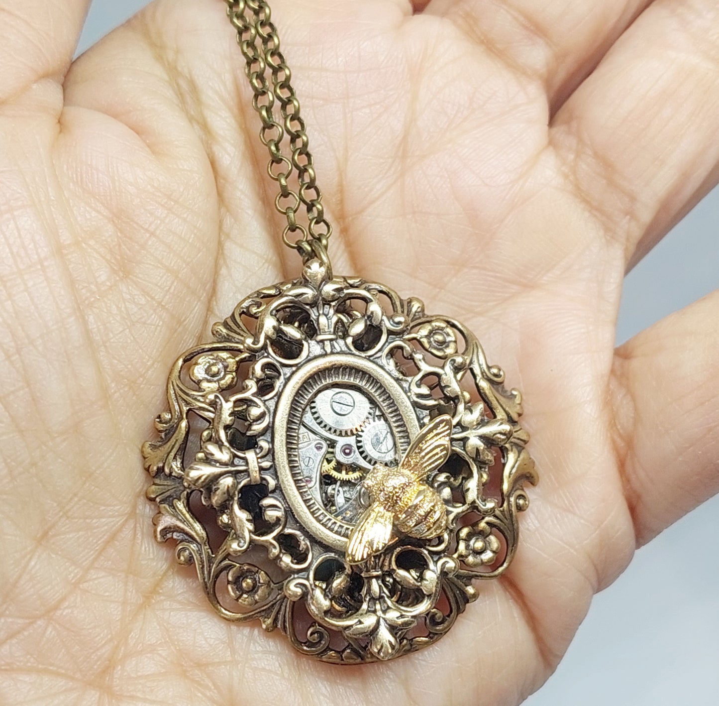 NEW!! Timepiece Ornate Stacked Filigree Pendant with Bee - Brass