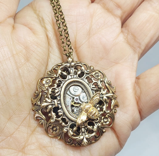 NEW!! Timepiece Ornate Stacked Filigree Pendant with Bee - Brass