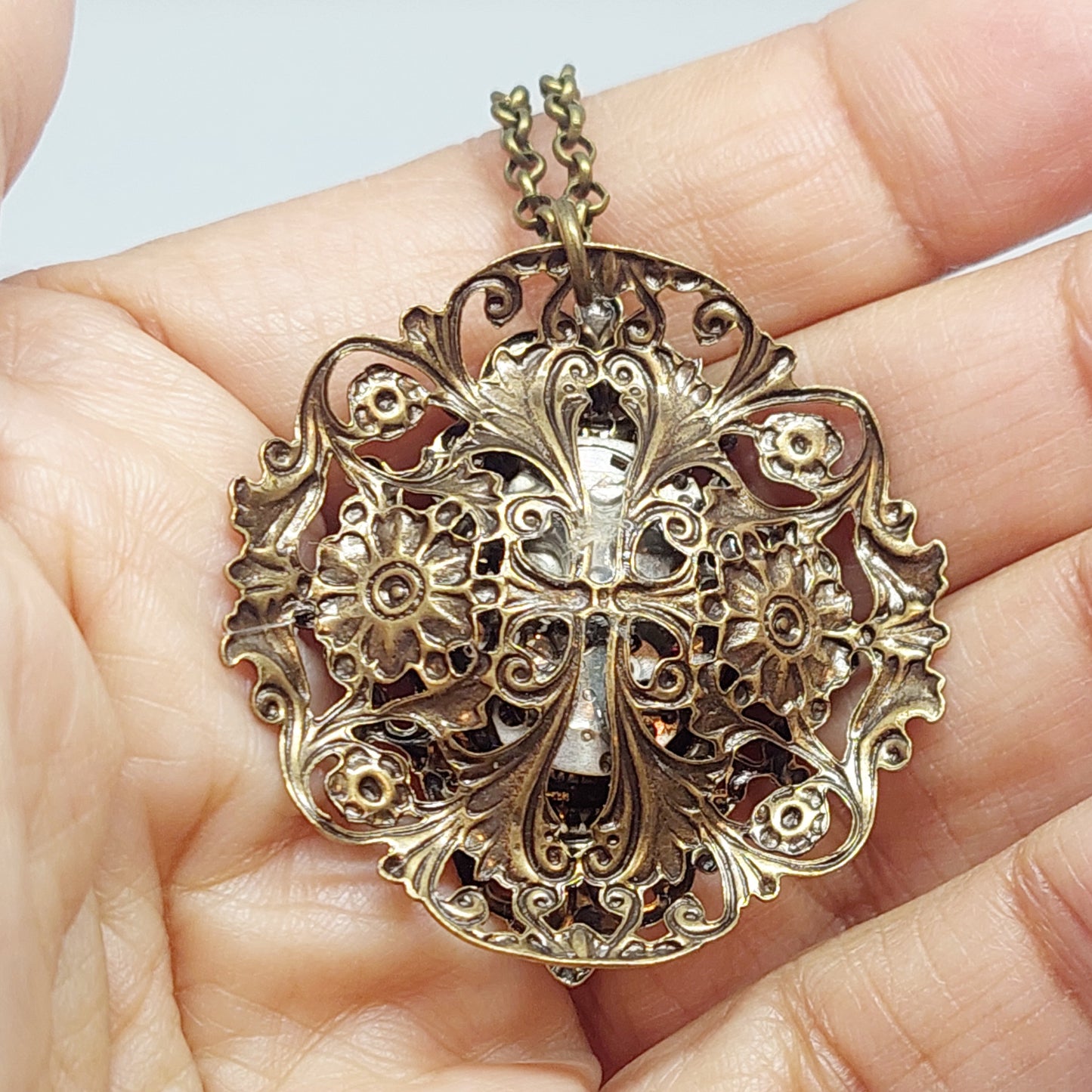 NEW!! Timepiece Ornate Stacked Filigree Pendant with Bee - Brass
