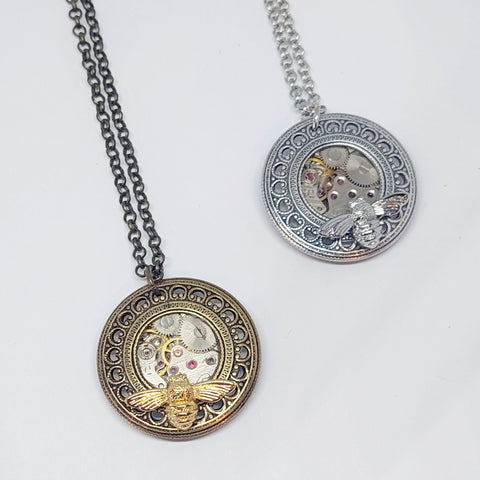 NEW!! Timepiece Filigree Porthole Pendant with Bee - Brass or Silver