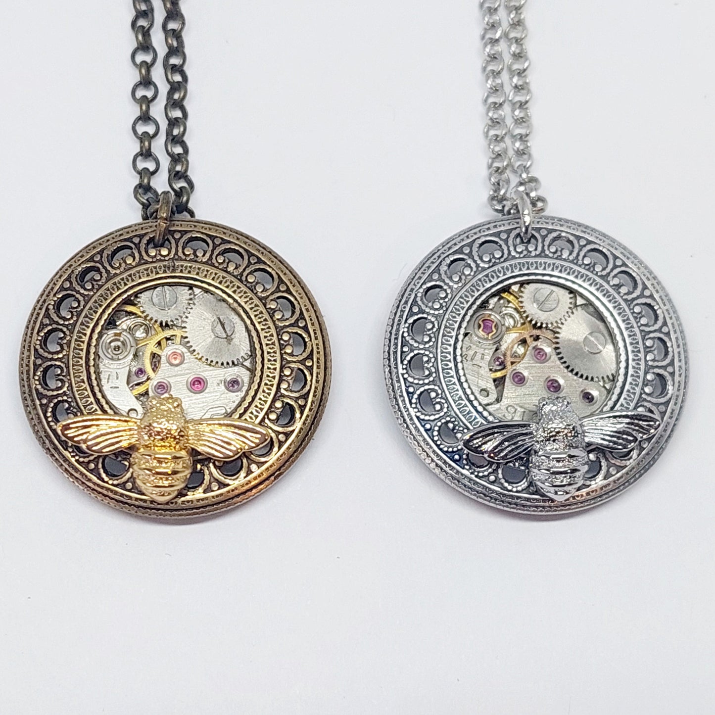Timepiece Filigree Porthole Pendant with Bee - Brass or Silver