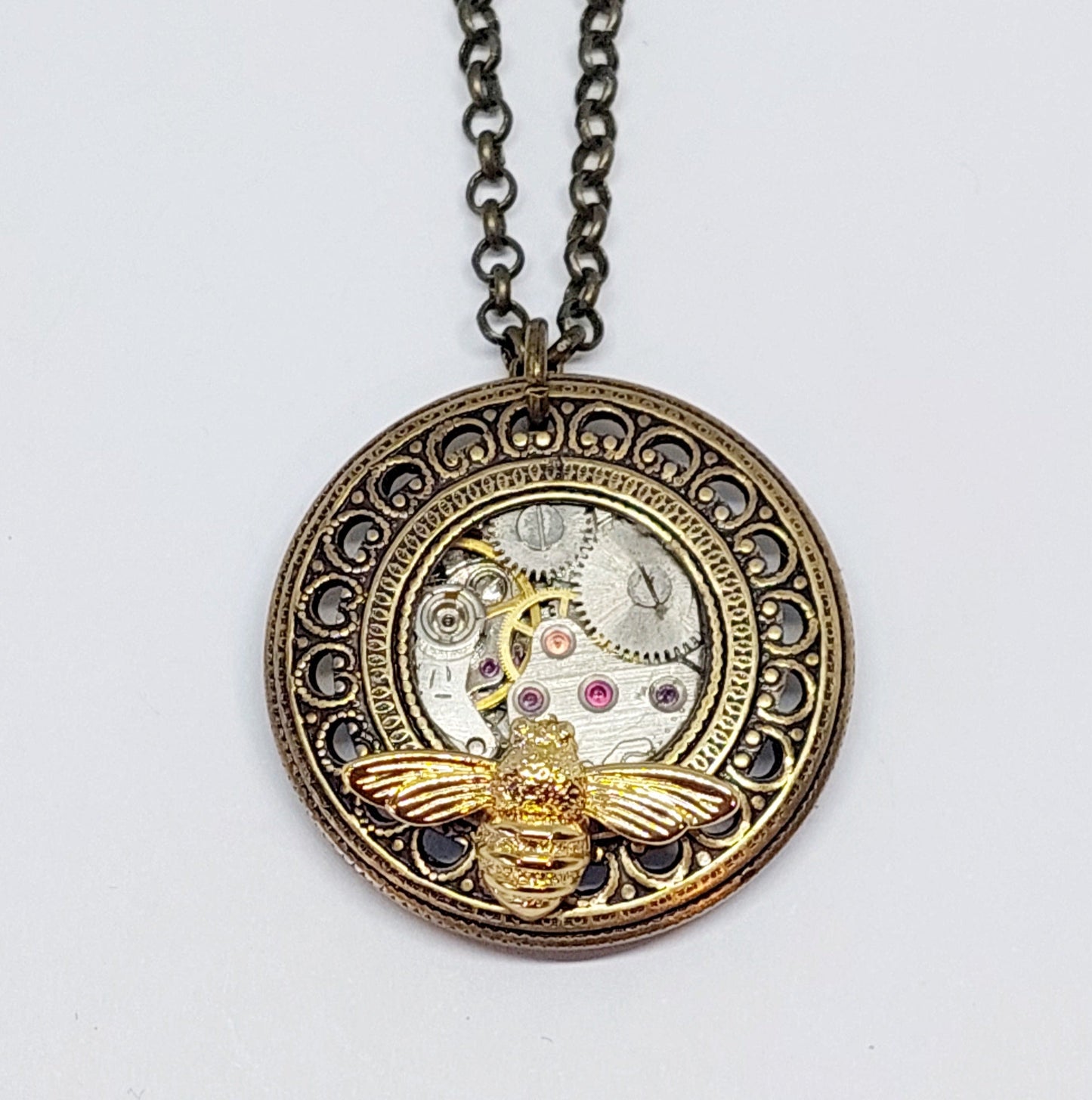 Timepiece Filigree Porthole Pendant with Bee - Brass or Silver