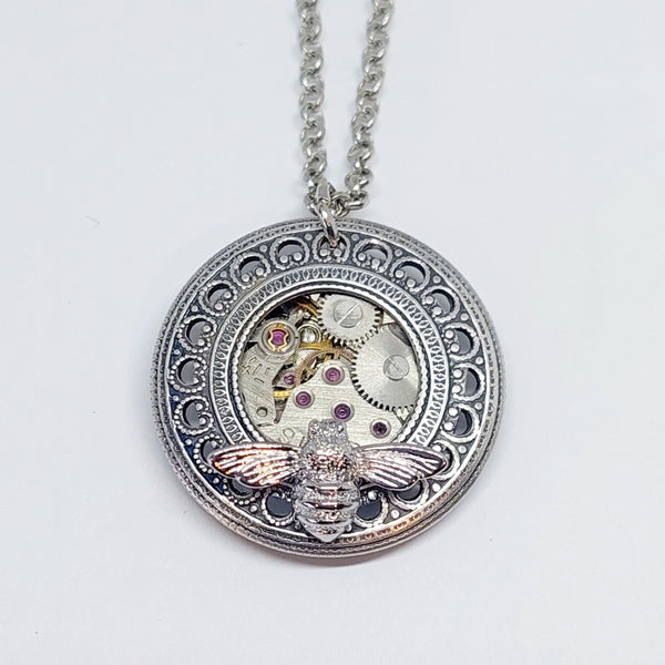 NEW!! Timepiece Filigree Porthole Pendant with Bee - Brass or Silver