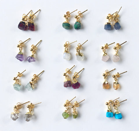 SALE!! Natural Gemstones - Mini Raw Stone Earrings - Gold