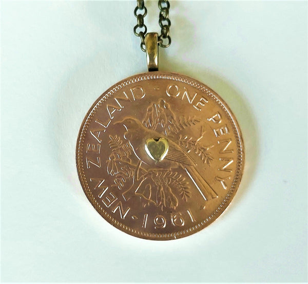 BESTSELLER! Re-Minted:  One Penny Pendant with Copper/Silver/Brass Heart